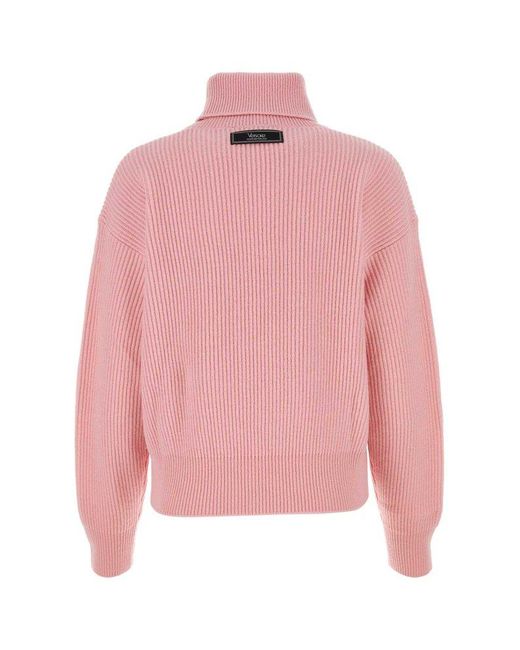 Versace Pink Logo-embroidered Roll-neck Ribbed Jumper