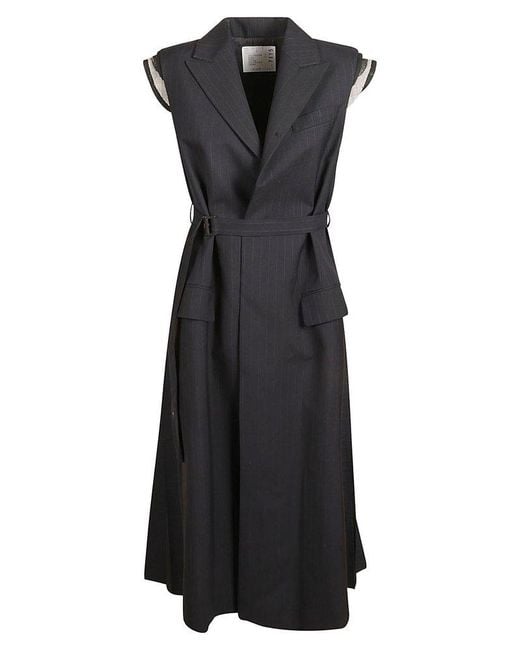 Sacai Black Striped Sleeveless Midi Dress