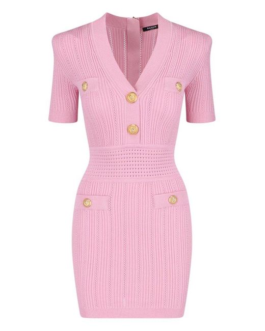 Balmain Pink V-neck Stretch Mini Dress