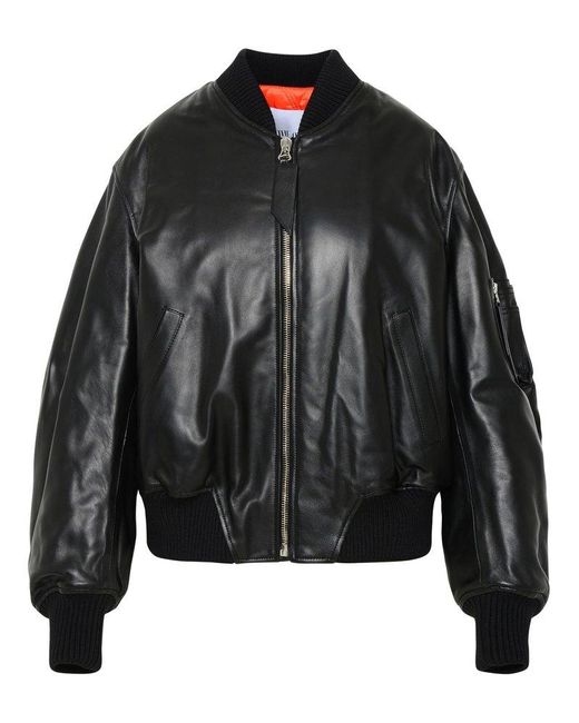 The Attico Leather Zip-up Round Neck Bomber Jacket in Black | Lyst