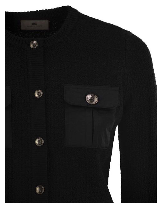 Elisabetta Franchi Black Bouclé Wool Cardigan With Technical Sail Cloth Pockets