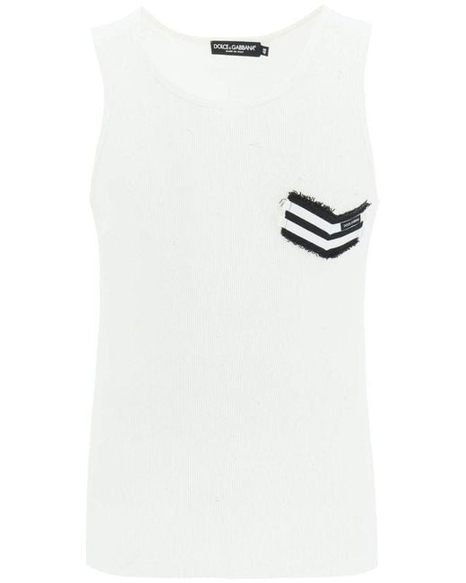 Dolce & Gabbana White Distressed Rib Tank Top With Patch for men