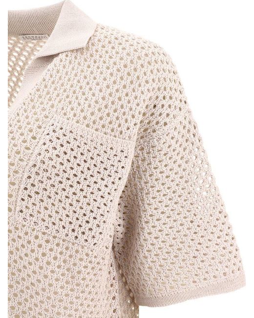 Brunello Cucinelli Natural Open-Knit Polo Shirt