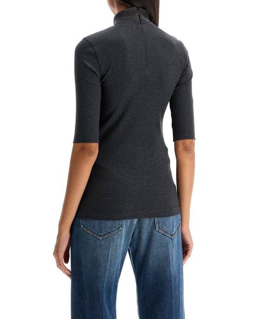 Brunello Cucinelli Black Monili-Detailed Mock Neck Ribbed Top