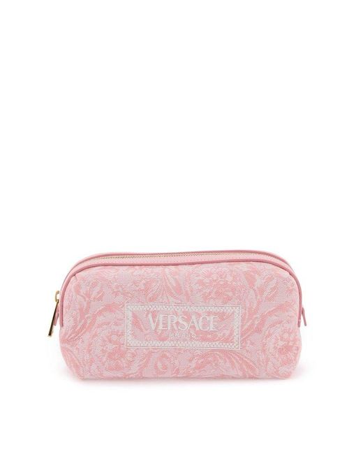 Versace Pink Logo-embroidered Jacquard Zip-up Toiletry Bag