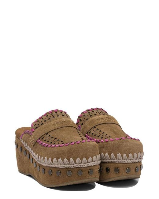 Mou Brown Overstitch Clogs