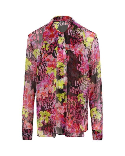 Versace Pink Allover Floral Printed Long Sleeved Shirt