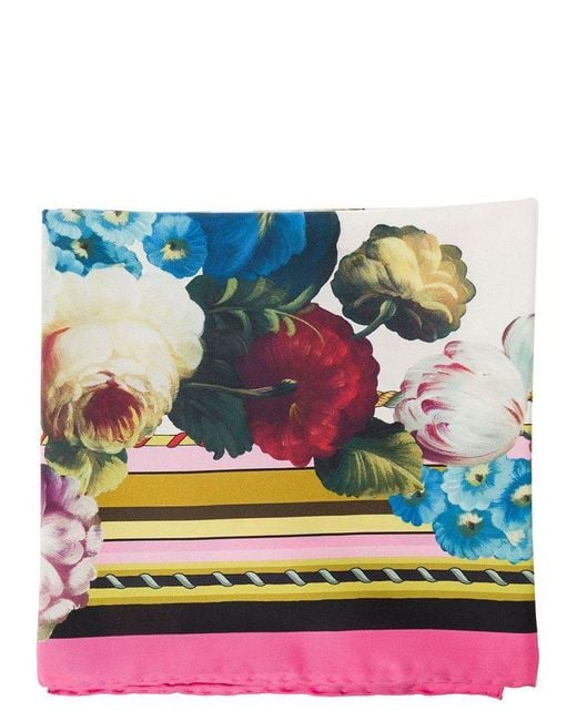 Dolce & Gabbana Blue Multicolor Scarf With Night Flowers Print In Silk Woman