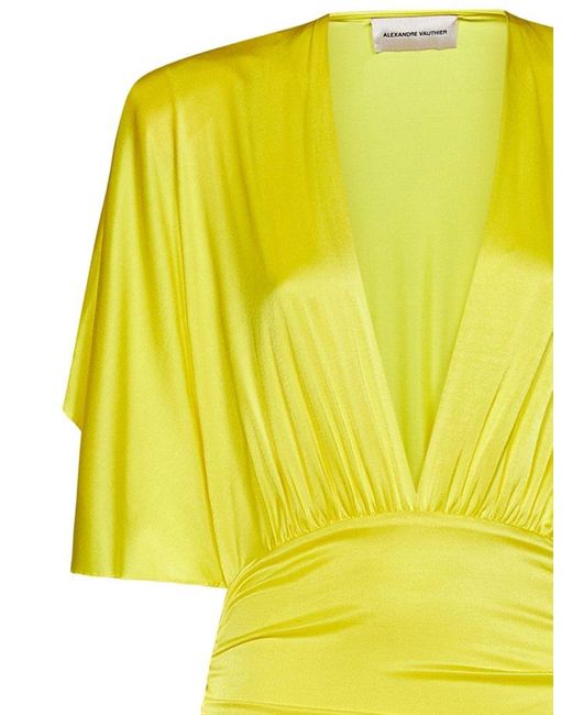 Alexandre Vauthier Yellow Ruched V-neck Satin Mini Dress