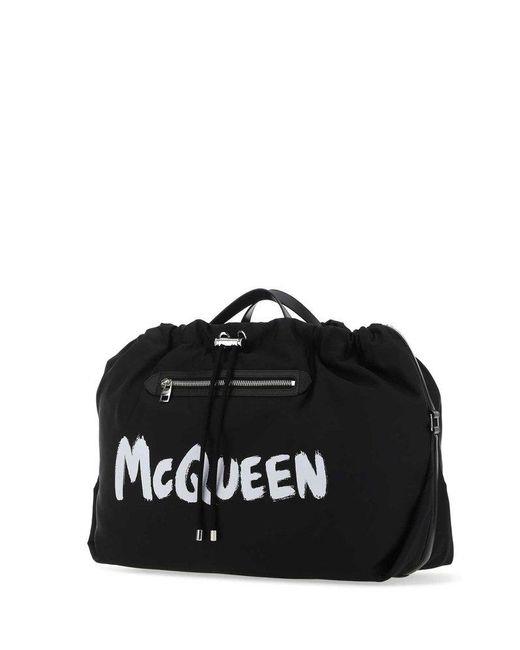 Alexander McQueen Black Logo Printed Drawstring Bundle Bag for men
