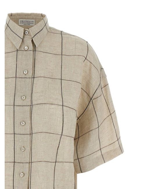 Brunello Cucinelli Natural Short-Sleeved Checked Shirt