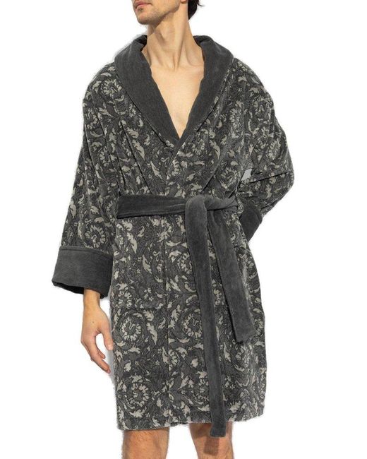 Versace Gray Barocco Patterned Belted Bathrobe for men
