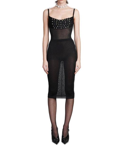 Alessandra Rich Black Semi-sheer Lurex Studded Midi Dress