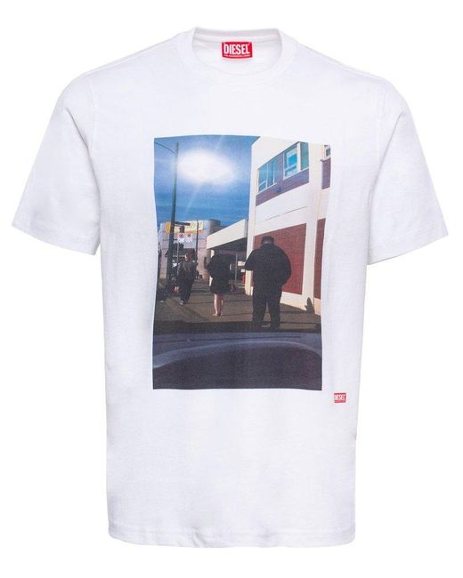 DIESEL White Graphic Printed Crewneck T-shirt for men