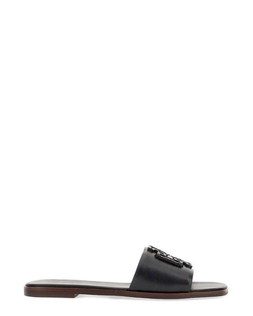 Tory Burch Leather Ines Slip-on Logo-patch Slides in Black | Lyst