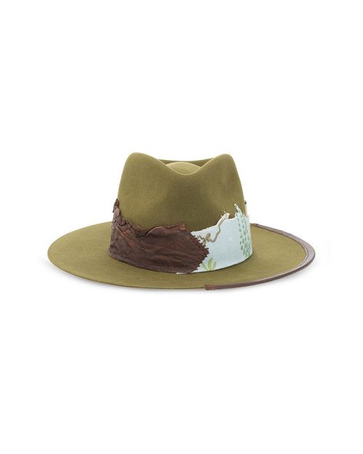 Nick Fouquet Green Embellished Ribbon Fedora Hat for men
