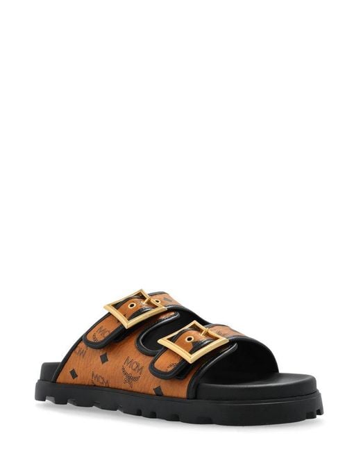MCM Brown Double Strap Monogram Slides for men