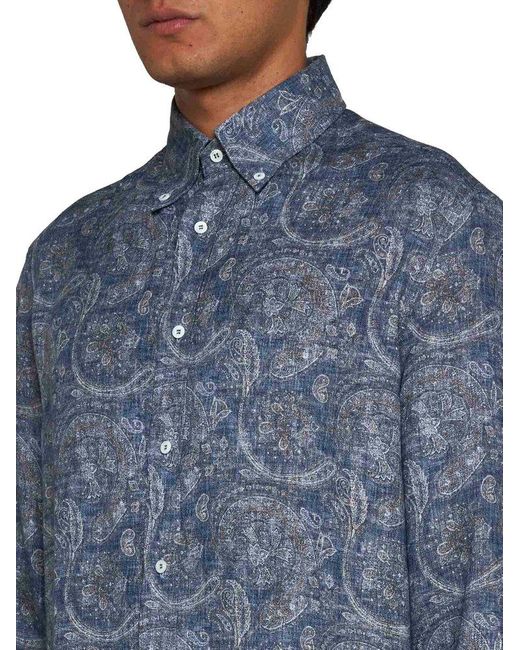 Brunello Cucinelli Blue Graphic Printed Buttoned Shirt for men