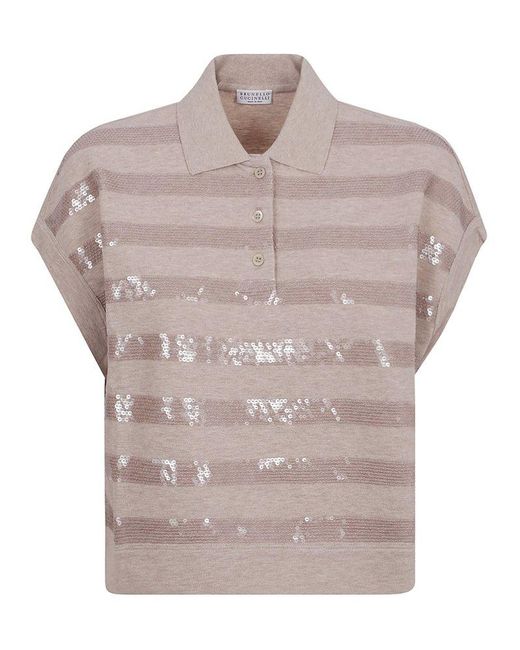 Brunello Cucinelli Natural Sequin Embellished Polo Top