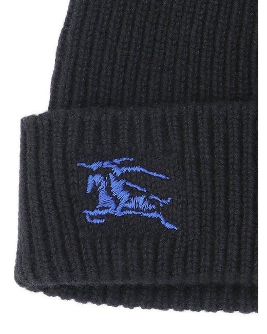 Burberry Blue Equestrian Knight Logo Embroidered Ribbed-knit Beanie