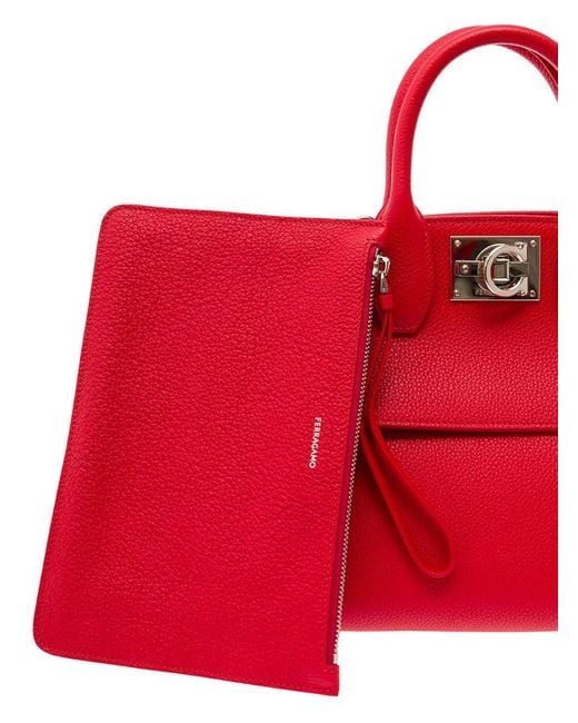 Ferragamo Red 'studio Bag S' Handbag With Gancini Detail In Hamme Leather