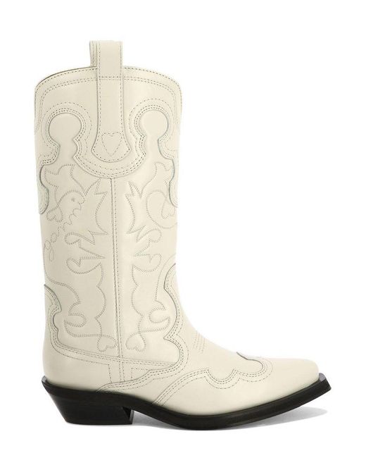 Ganni White Embroidered Pointed-toe Western Boots