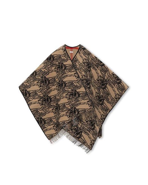 Burberry Brown Logo Intarsia Knitted Fringed Poncho