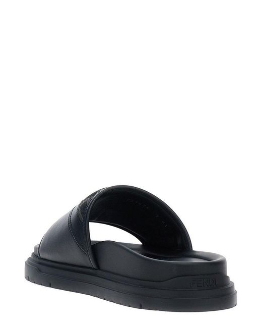 Fendi Black Diagonal Ff Jacquard Slides for men