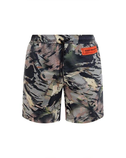 Heron Preston Gray Camouflage Logo Patch Swim Shorts for men