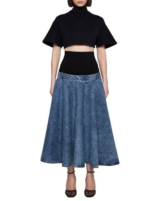 Alaïa Blue Denim-Panel Midi Skirt