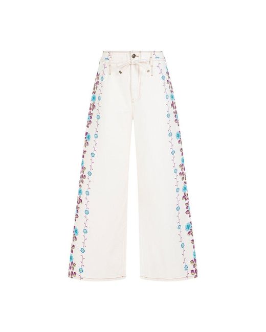 Etro White Floral-printed Wide-leg Stretched Jeans