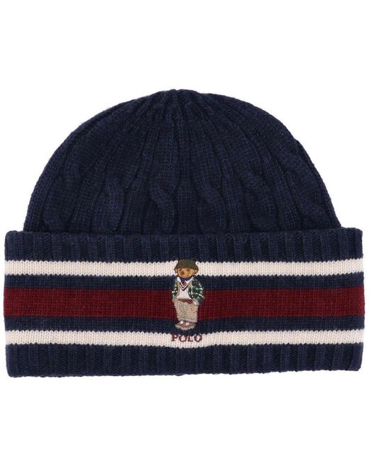 Polo Ralph Lauren Stripe Detailed Cable knit Beanie in Blue for