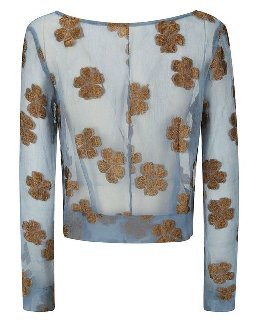 Dries Van Noten Blue Floral-embroidered Long-sleeved Top