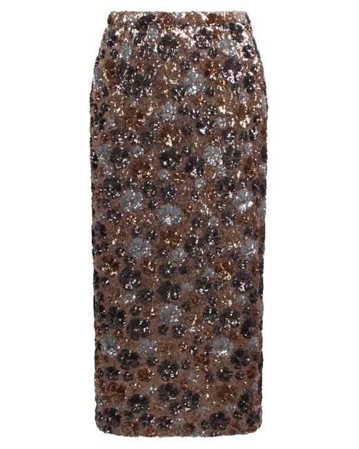 N°21 Brown Sequin-Embellished Floral Motifed Midi Skirt