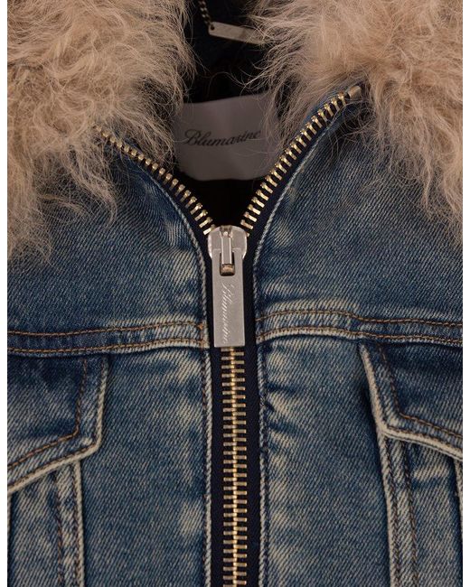 Blumarine Blue Oversized-collar Zip-up Cropped Denim Jacket