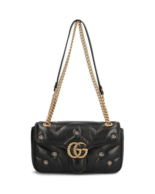 Gucci Black GG Marmont Logo Plaque Small Shoulder Bag