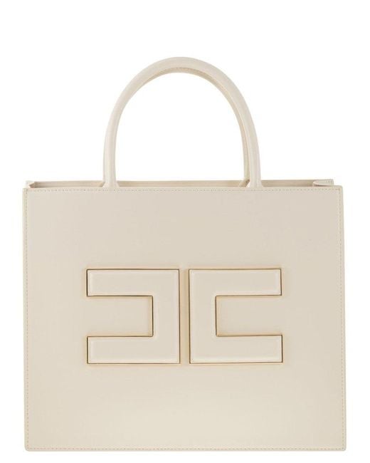 Elisabetta Franchi Natural Medium Shopper With Logo Plaque