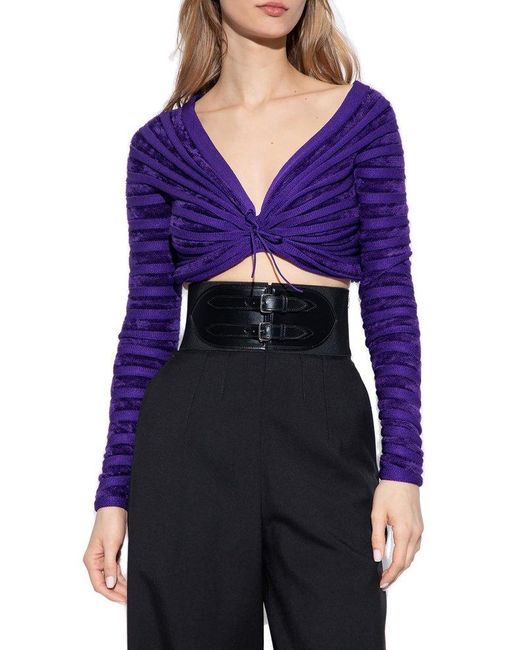 Alaïa Purple Off-Shoulder Ruched Cropped Velvet Top