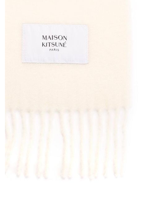 Maison Kitsuné Natural Logo Patch Fringed Knit Scarf