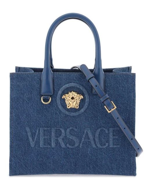 Versace Blue La Medusa Logo Embossed Tote Bag