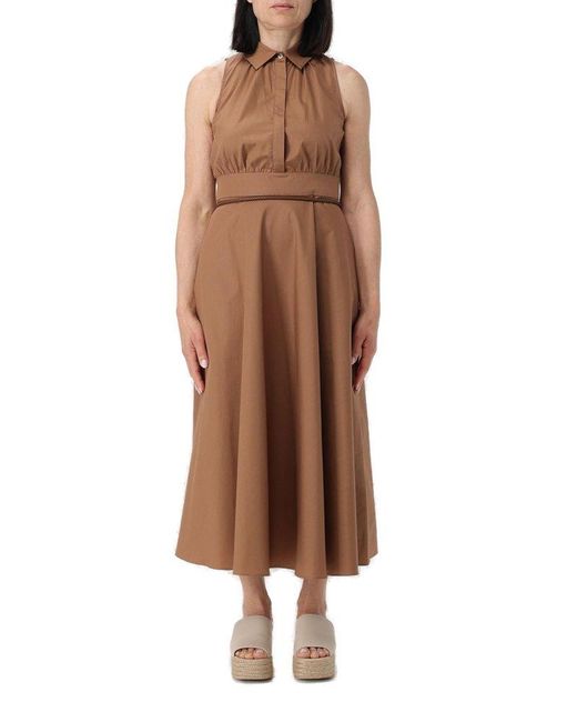 Max Mara Studio Brown Button Detailed Sleeveless Dress