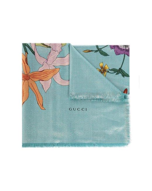 Gucci Blue Flora Print Jacquard Raw-cut Edge Shawl