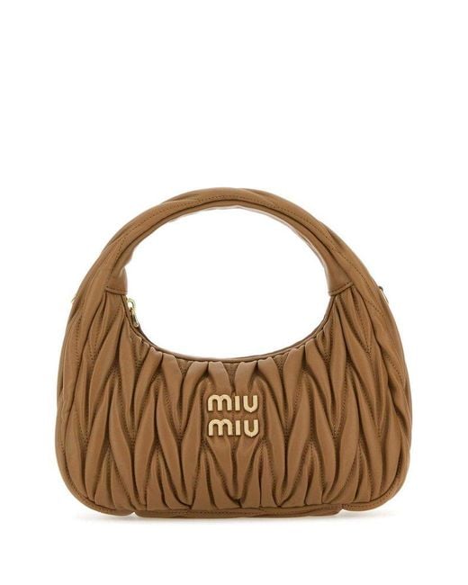 Miu Miu Brown Wander Matelassé Logo Plaque Mini Hobo Bag