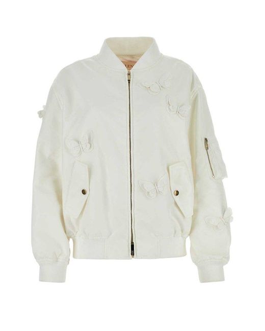Valentino White Butterfly Embellished Zip-up Jacket