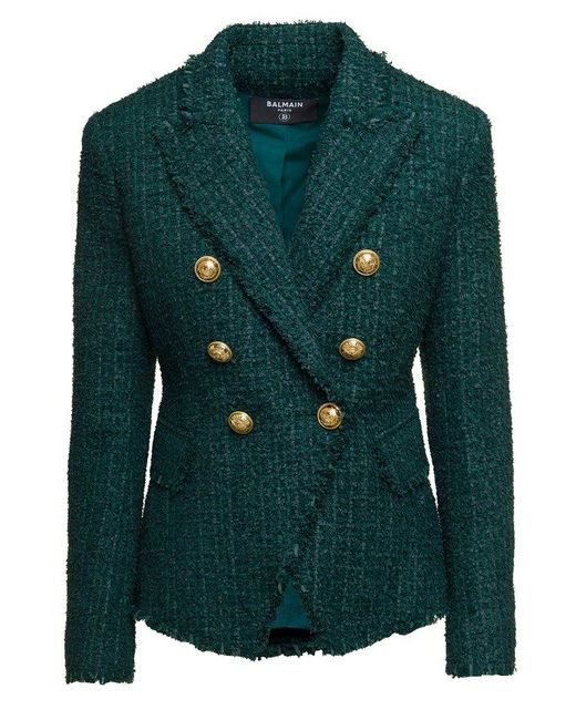 Balmain Green Double Breasted Tweed Jacket