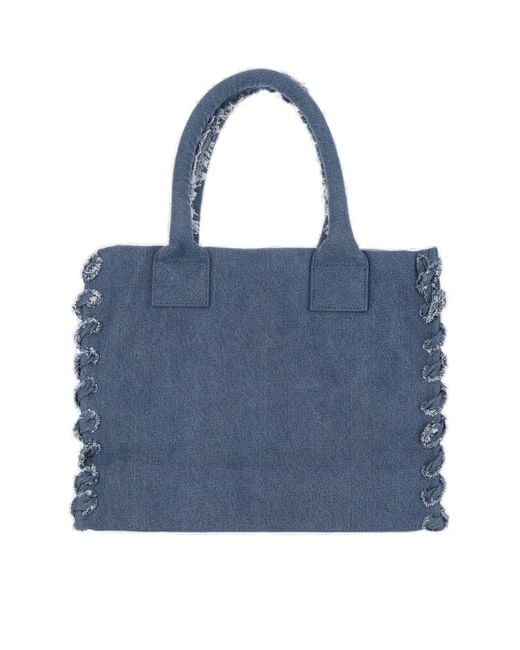 Pinko Blue Cotton Denim Tote Bag With Logo