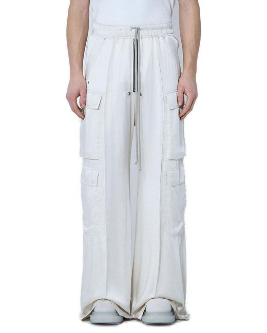 Rick Owens White Satin Drawstring Cargo Pants for men