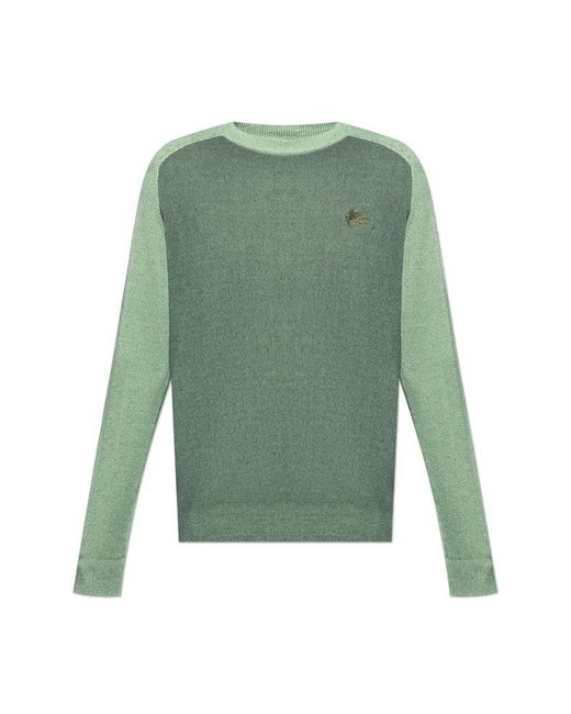 Etro Green Logo Embroidered Crewneck Knitted Jumper for men