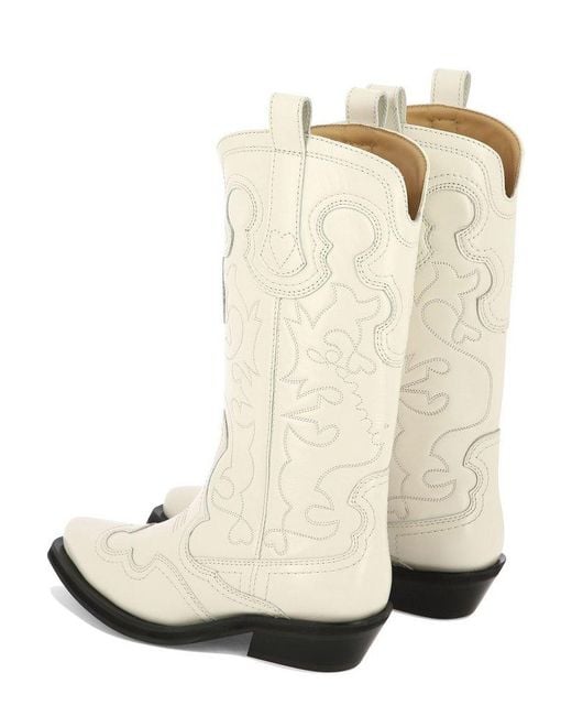 Ganni White Embroidered Pointed-Toe Western Boots