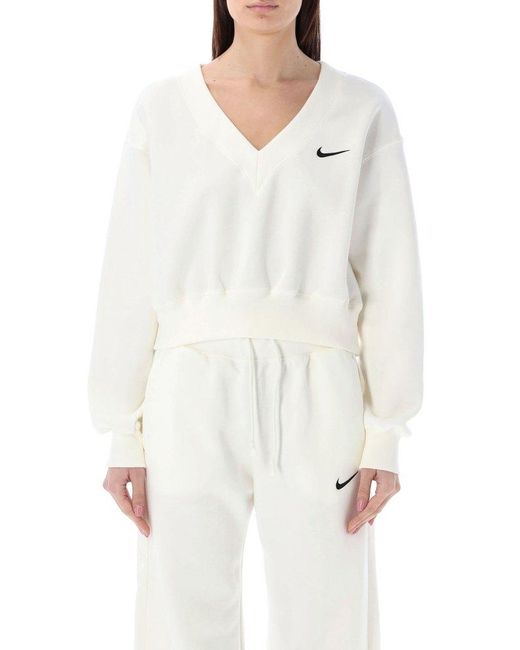 Nike White Cropped V-neck Fleece Sweatshirt